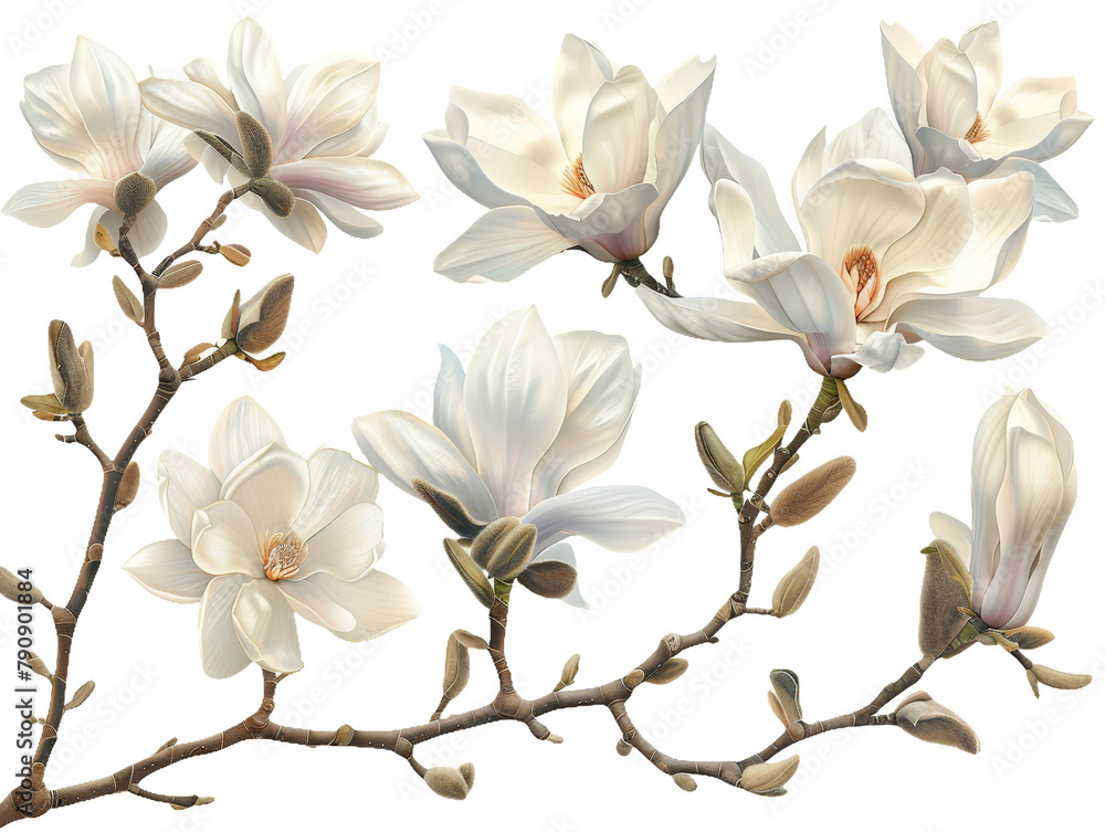 Set of branches of blooming magnolia trees, large and fragrant