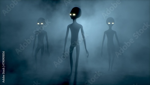 Three scary gray aliens walk and look blinking on a dark smoky background. UFO futuristic concept. 3D RENDER. Not AI.