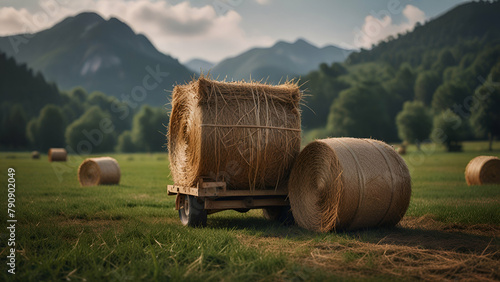 bales in the field, mountains, greenery, bales on a vehicle, mountains view, green mountains, trees
