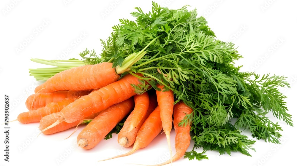 Freshly Harvested Carrots with Lush Green Tops on White Background Freshly Harvested Carrots with Lush Green Tops on White Background