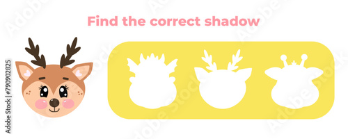 Find the correct shadow of funny characters deer face animal. Choose correct answer. Matching game. Cute kawaii vector illustration isolated on white background. Educational game for kids © Olga Voron