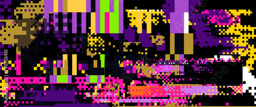 Bright neon glitchy background. Concept vector illustration of a broken program code or malware attack. 