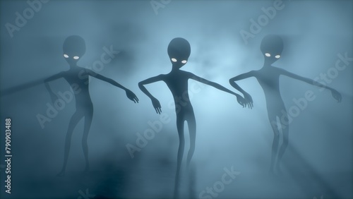 Three scary gray aliens dancing on a dark smoky background. UFO futuristic concept.3D RENDER. Not AI.