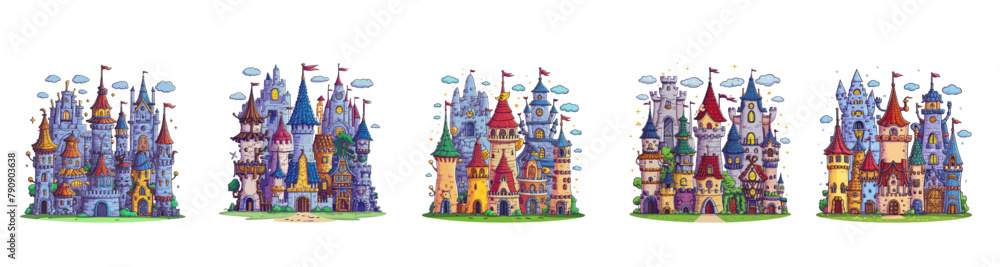 Fantasy medieval castle or mansion vector cartoon illustration set for children, Generative AI