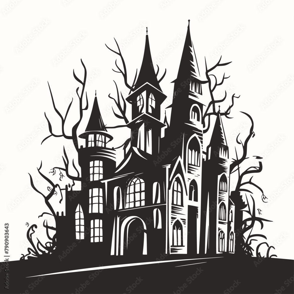 Silhouette of spooky mansion, gothic castle scary, Generative AI