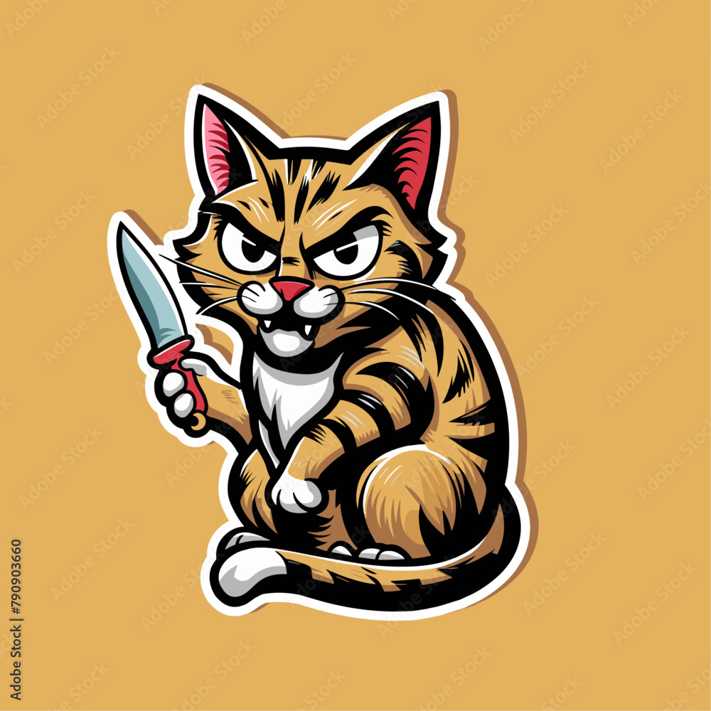 Cartoon cat holding a kitchen knife sticker, Generative AI
