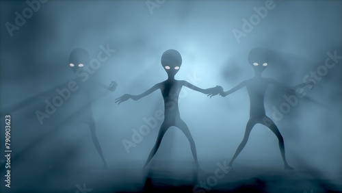 Three scary gray aliens dancing. 
