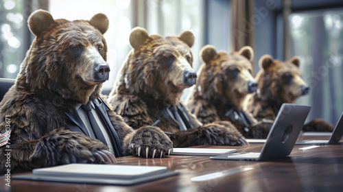 Several grizzly bears in business attire, engaged in a corporate strategy meeting around a large table with digital devices. , natural light, soft shadows, with copy space, blurred