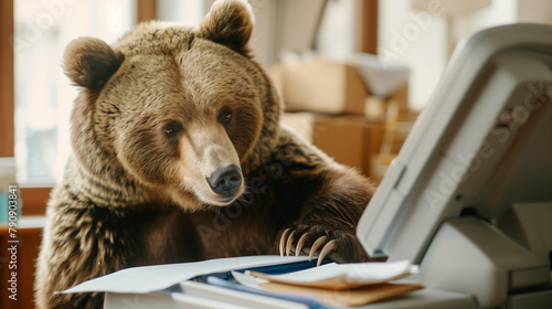 A grizzly bear using a photocopier, humorously trying to figure out the machine while copying documents. , natural light, soft shadows, with copy space, blurred background