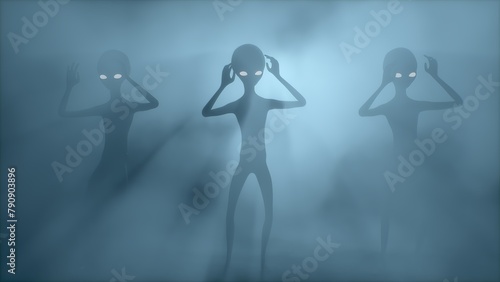 Three scary gray aliens dancing 