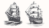 ships are sailing in the ocean in vintage sketch style, Generative AI