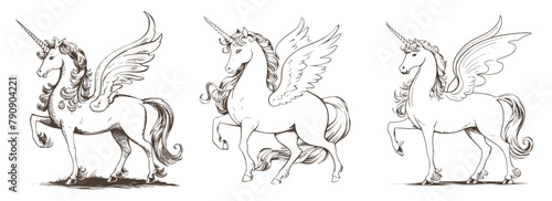 set of unicorns with wings in vintage sketch style vector, pegasus, Generative AI