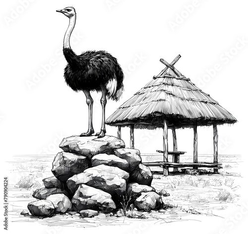 Majestic ostrich standing on stone: tranquil scene with empty hut Background. rocky landscape desert scenery, cleared background PNG. photo