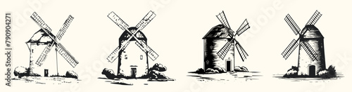 Set of windmills in vintage sketch style, Generative AI