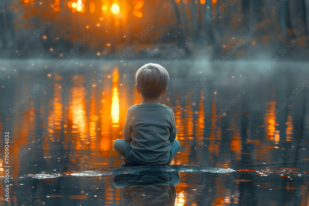 Serene Child by the Riverbank Amidst Psychedelic Sunset and Psychic Waves Serene Child by the Riverbank Amidst Psychedelic Sunset and Psychic Waves