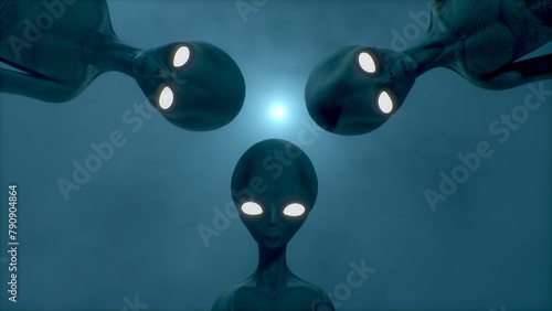 Three scary gray aliens looking down at you and blinking 