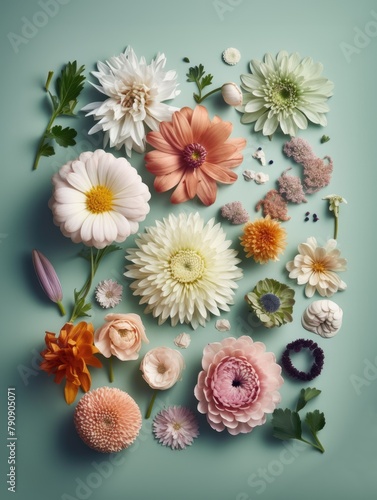 Creative concept of fresh spring field flowers on green background.