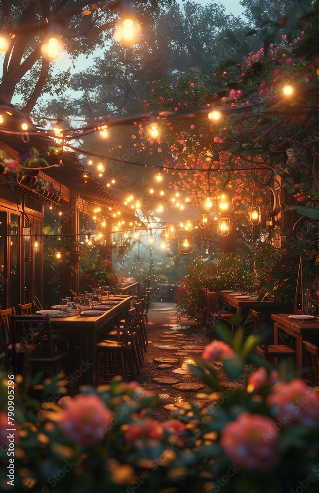 Capture the enchantment of a garden soiree, illuminated by a delicate garland of lights Capture the enchantment of a garden soiree, illuminated by a delicate garland of lights