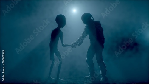Astronaut meets a grey alien and shakes his hand.