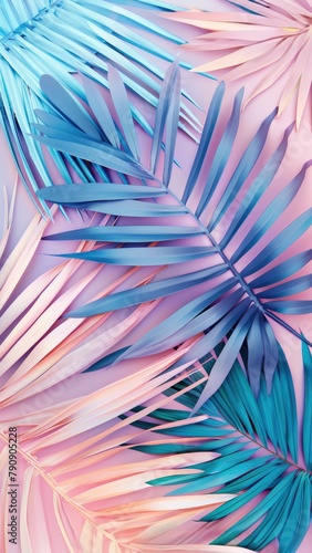 Colorful pastel tropical palm leaves background.