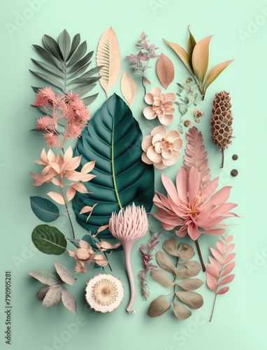 Flat lay creative concept of fresh flowers and leaves on pastel green  background.