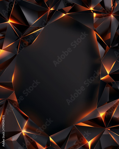 Glowing triangular facets on a black backdrop. Polygonal pattern with a 3D effect.