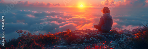 Serene Boy in Grey Sits at Calming Psychic Sunset Waves' Edge