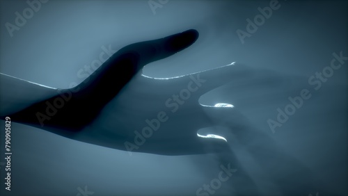 Close-up of an alien's hand in volumetric light. 