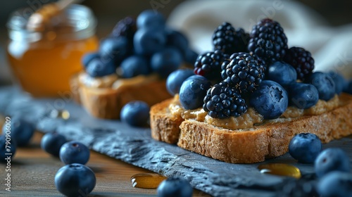  A tight shot of a slice of bread topped with plump blueberries In the background, a honey jar stands ready