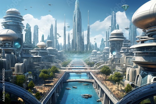 A futuristic cityscape teeming with sleek  metallic structures and advanced technology  evoking a sense of wonder and awe 
