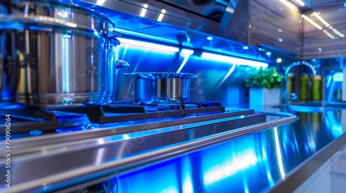 Ultra-Modern Kitchen Showcase  Sleek stainless steel appliances with chrome finishes  accented by vibrant neon blue under cabinet lighting for a futuristic feel. 