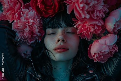 Mysterious night. pink and red colors, brunette girl in black leather jacket with pink peonies