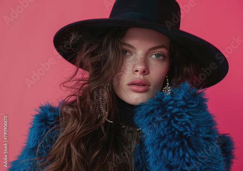 Full body photo of an beautiful woman, wearing black top and hat with long dark brown hair in big fluffy blue fur coat posing on pink background