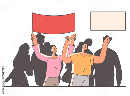 Crowd of people characters holding placard and screaming on demonstration rebel picket. Vector flat cartoon graphic illustration set