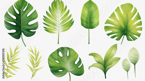 Set of Watercolor Tropical Spring Green Leaves  