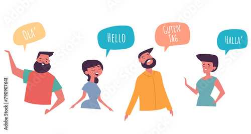 People multilingual greeting hello talk different language concept. Vector flat graphic design illustration