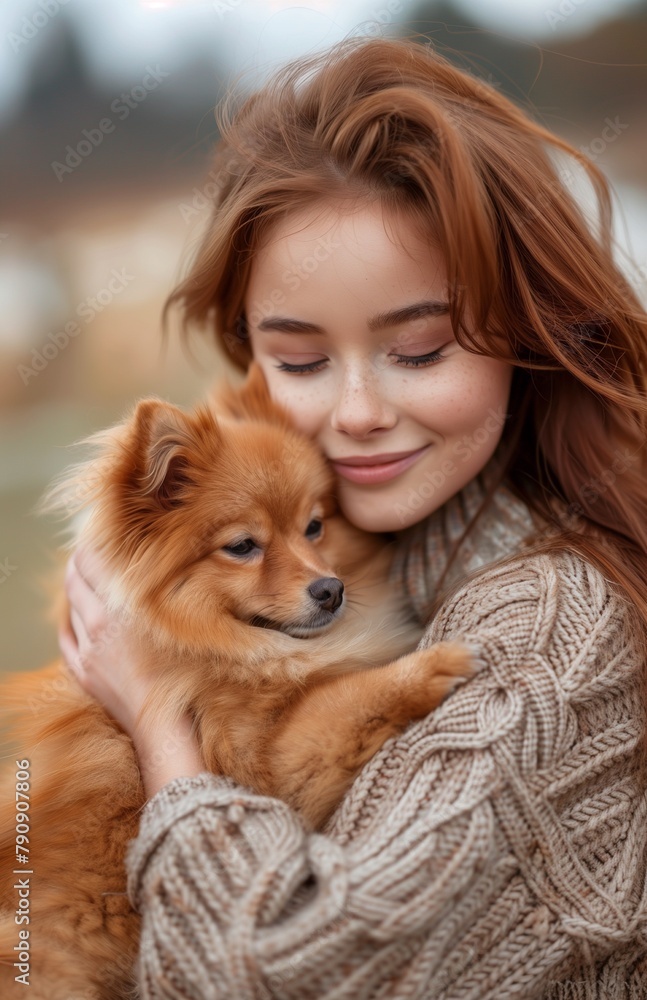 Young woman affectionately smiles at her Pomeranian puppy while sitting in a park on grass Young woman affectionately smiles at her Pomeranian puppy while sitting in a park on grass