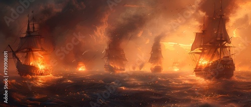 Epic Naval Encounter Amidst Fiery Seas. Concept Naval Battles, Fiery Seas, Epic Encounters, Warships, Adventure