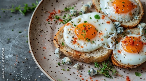  Two fried eggs on toast, garnished with parsley sprigs on a white plate