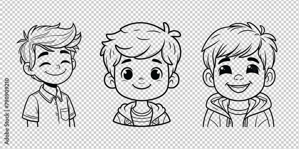 set of cute anime boys manga style hand drawn vector illustration, adut coloring pages, coloring book	