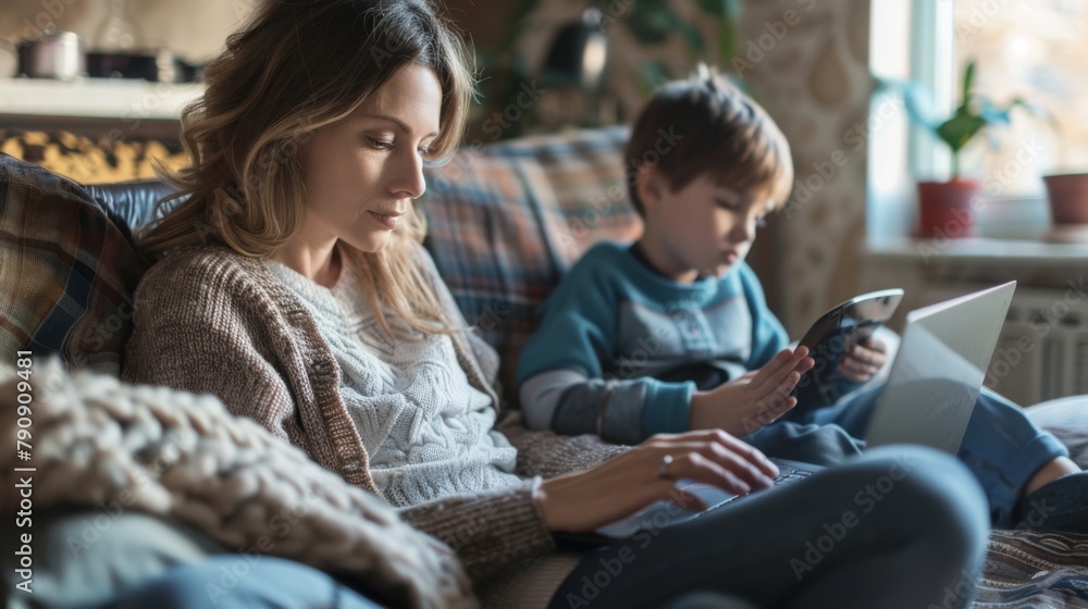 Mother and Child with Devices Mother and Child with Devices
