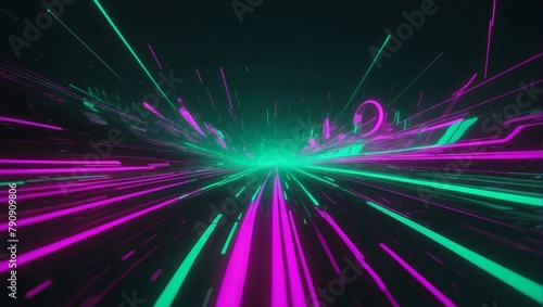 Hypnotic 3D scene, Abstract green-magenta neon background. Speed of light, motion-blurred lines, and bokeh lights.