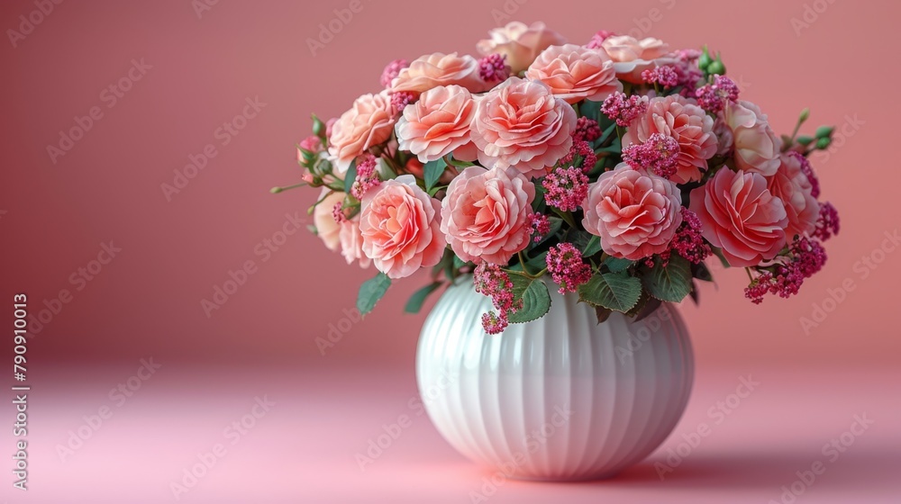 Roses in white vase on pink background Roses in white vase on pink background