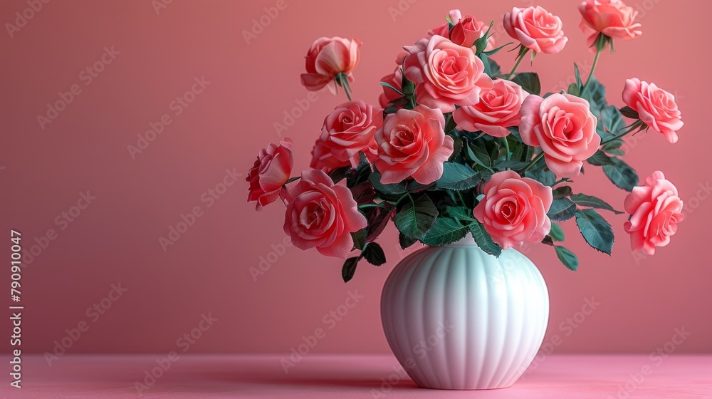 Roses in white vase on pink background