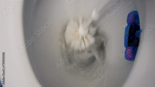Cleaning the toilet with a brush to remove faecal deposits. Close-up photo