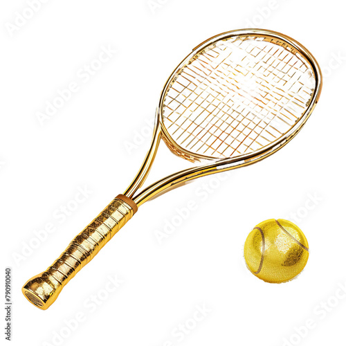 Golden Tennis racket and Yellow Tennis ball sports on white background,png © Uday