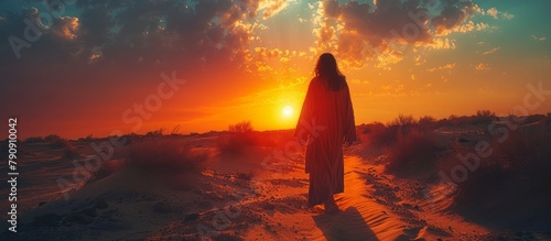 Jesus Walking in the Desert at Sunset