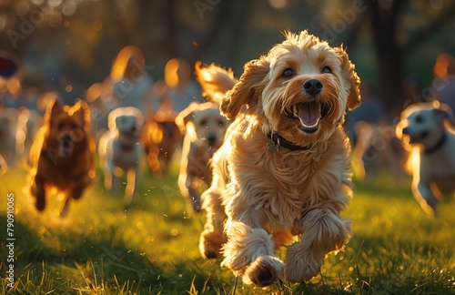 On a weekend morning, the dog park bustles with various breeds racing, tails wagging playfully