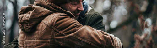 A man wearing a brown jacket is engaged in a conversation on a cell phone photo