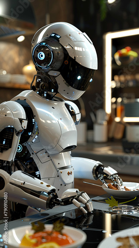A robotic droid chef preparing Mediterranean cuisine, 3D vector illustration combining futuristic and traditional themes